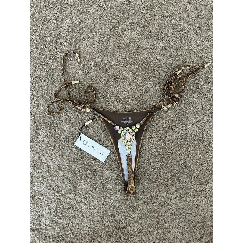 CRUSH Leopard Animal Print Rhinestone Thong Bikini Bottom M Stretch Halter